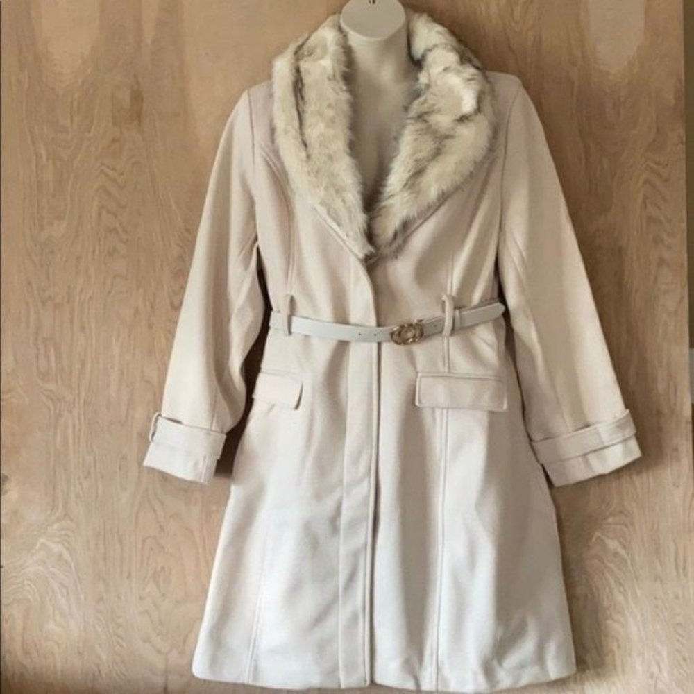 City Chic Cream Color Faux Fur Belted Winter Coat - Picture 5 of 12